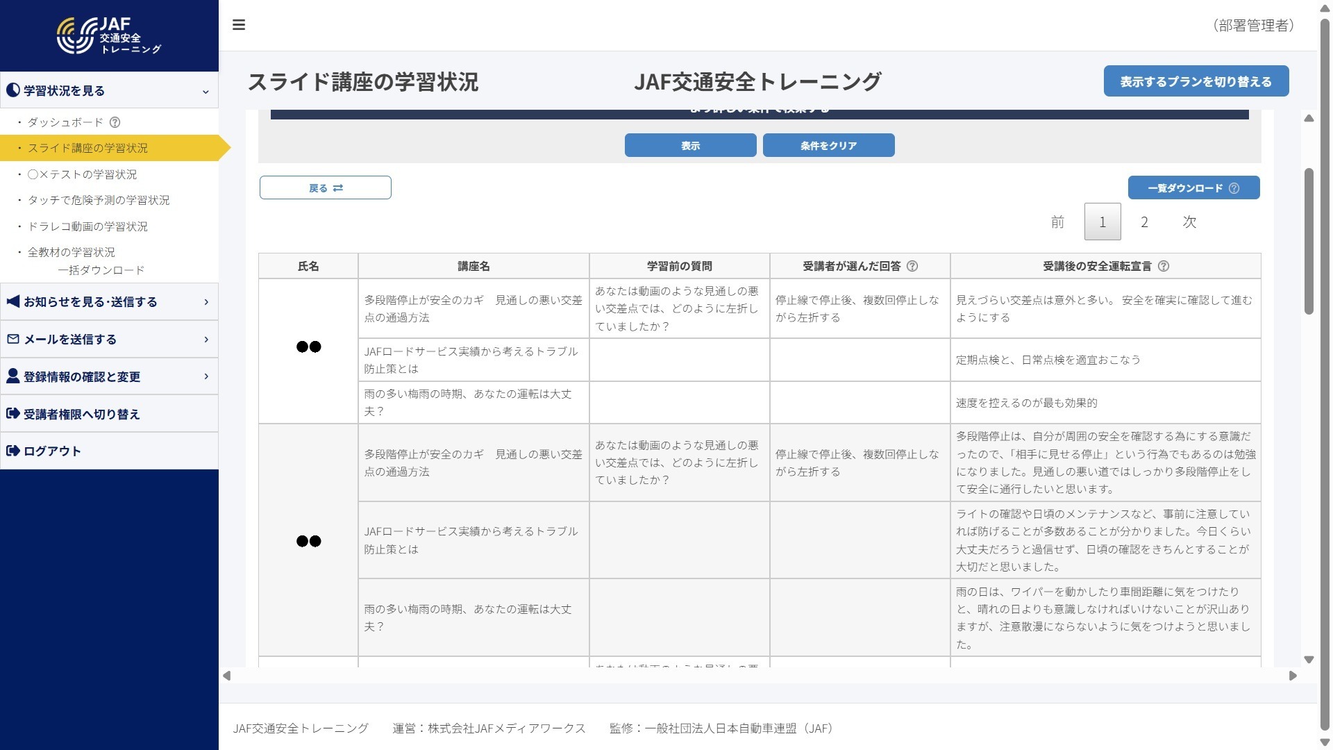 “毎月の学習と管理機能により、受講者と管理者の双方から交通安全教育をサポートします。”